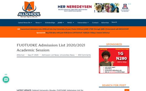 FUOTUOKE Admission List For 2020/2021 Academic Session