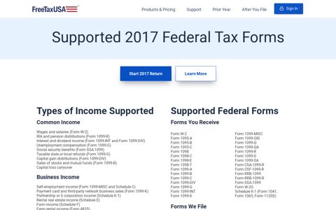 2017 Federal Supported Tax Forms - FreeTaxUSA