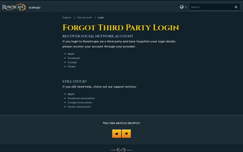 Forgot Third Party Login - RuneScape Support