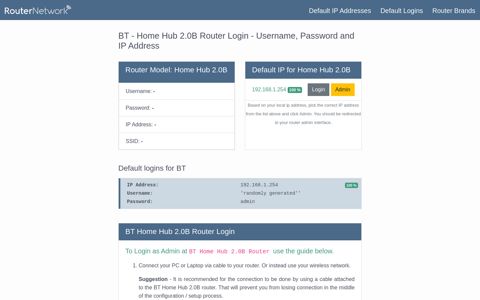 BT - Home Hub 2.0B Default Login and Password
