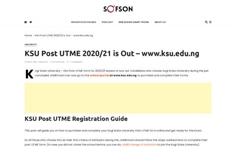 KSU Post UTME 2020/21 is Out - www.ksu.edu.ng | SOFSON