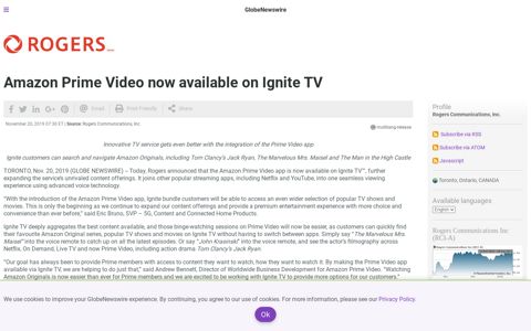 Amazon Prime Video now available on Ignite TV Toronto ...