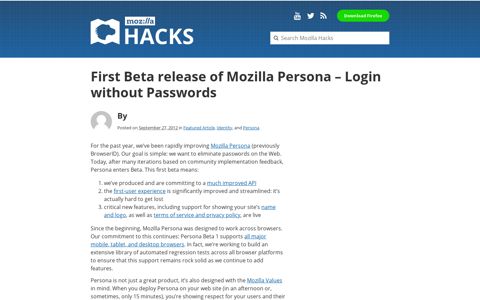 First Beta release of Mozilla Persona - Login without Passwords