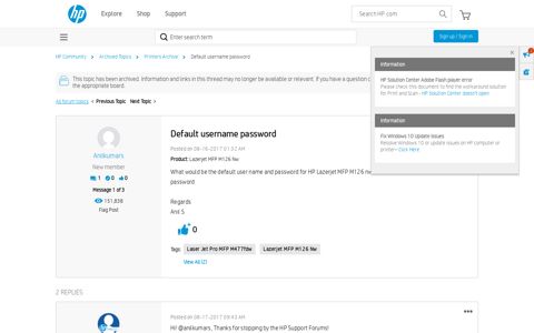 Default username password - HP Support Community - 6273414