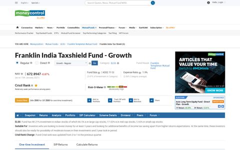 Franklin India Taxshield Fund - Growth [621.1812] | Franklin ...
