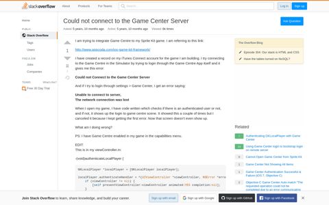Could not connect to the Game Center Server - Stack Overflow