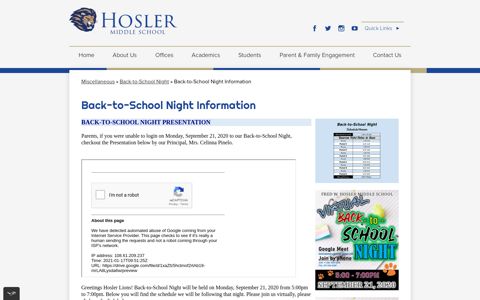 Back-to-School Night Information - Hosler Middle School