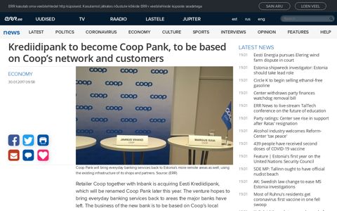 Krediidipank to become Coop Pank, to be based on Coop's ...
