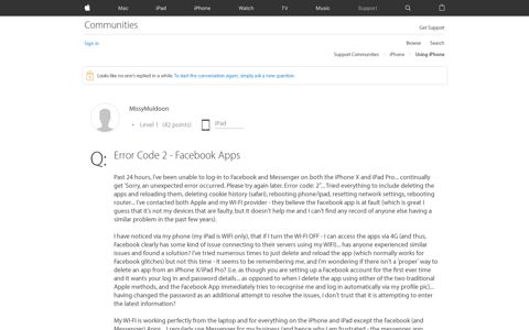 Error Code 2 - Facebook Apps - Apple Community