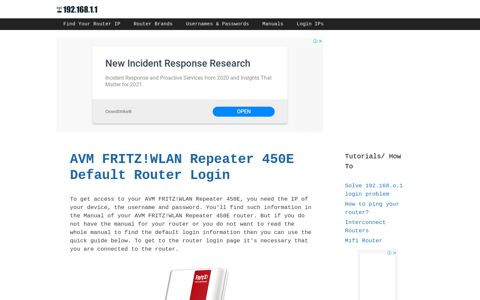 AVM FRITZ!WLAN Repeater 450E - Default login IP, default ...