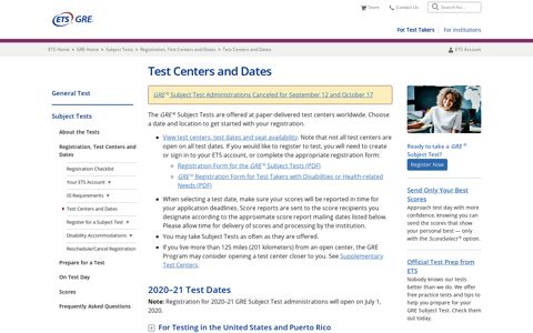 GRE Subject Tests Centers and Dates (For Test Takers) - ETS