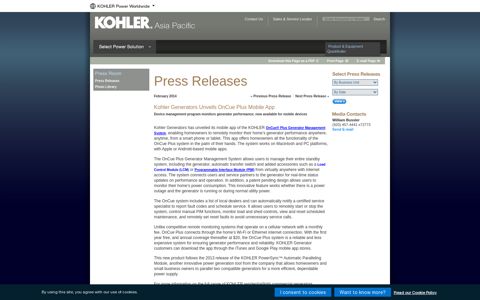 Kohler Generators Unveils OnCue Plus Mobile ... - Kohler Power