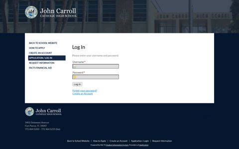 John Carroll Catholic High School - Application - Log In