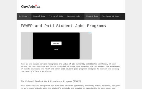 FSWEP and Paid Student Jobs Programs | GovJobs.ca