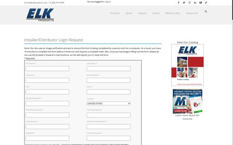 ELK Products Inc. -- Login Request Form - Installer/Dsitributor