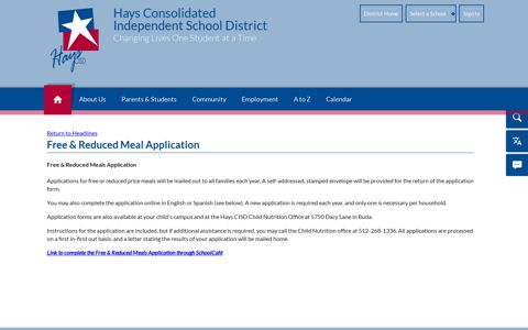 Free & Reduced Meal Application - Hays CISD