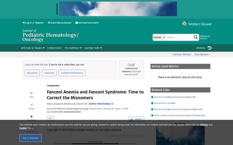 Fanconi Anemia and Fanconi Syndrome: Time to Correct the ...