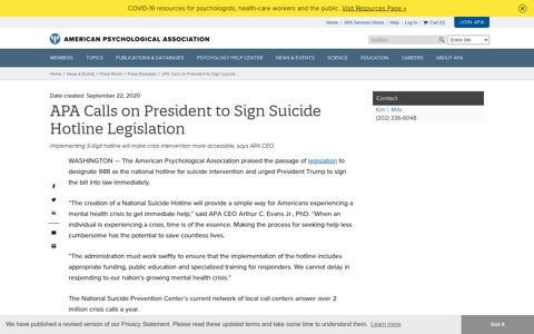 APA calls on president to sign suicide hotline legislation