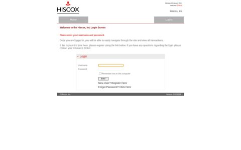 the Hiscox, Inc Login Screen - Bill It Now