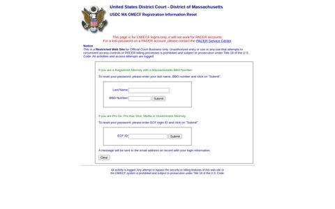 USDC MA CMECF Registration Information Reset - CM/ECF