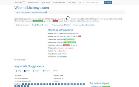 Webmail.hclinsys.com | 50 days left - Site-Stats .ORG
