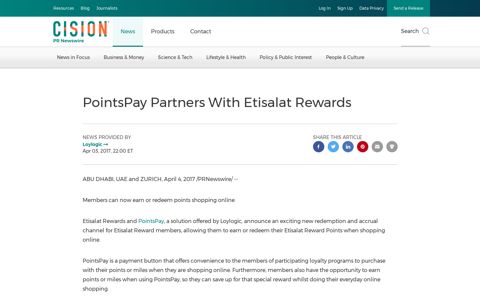 PointsPay Partners With Etisalat Rewards - PR Newswire