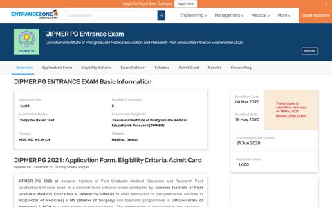 JIPMER PG 2021 : Application Form, Eligibility Criteria, Admit ...
