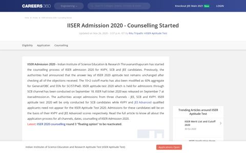 IISER Admission 2020 - Counselling (Started), Answer Key ...