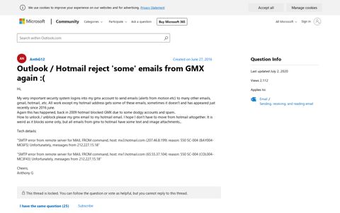 Outlook / Hotmail reject 'some' emails from GMX again ...