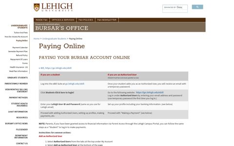 Paying Online - Finance & Administration - Lehigh University
