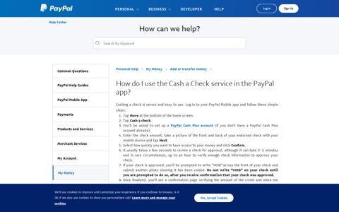 How do I use the Cash a Check service in the PayPal app?