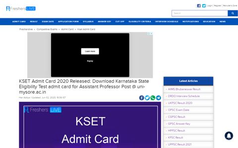 KSET Admit Card 2020 Released: Download Karnataka State ...