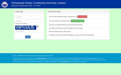Unified Login - Chhatrapati Shahu Ji Maharaj University, Kanpur