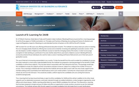 Launch of E-Learning for JAIIB - IIBF