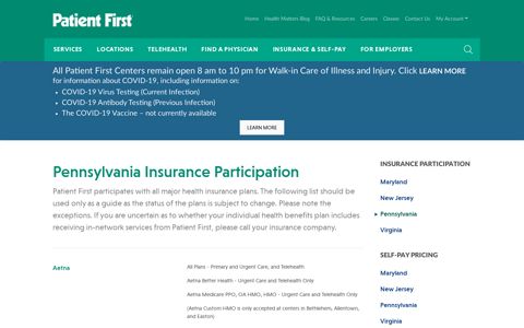 Accepted Insurance Plans in Pennsylvania - Patient First
