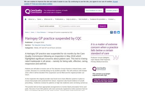 Haringey GP practice suspended by CQC | Care Quality ...