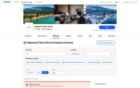 Working at Edgewood Tahoe Resort: 144 Reviews | Indeed.com