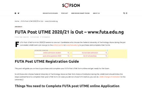 FUTA Post UTME 2020/21 is Out - www.futa.edu.ng | SOFSON