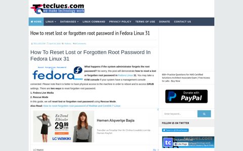How to reset lost or forgotten root password in Fedora Linux 31
