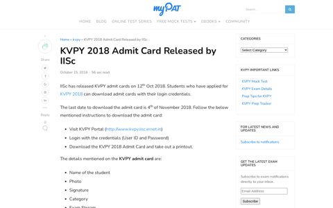 KVPY Admit Card Released by IISc - Download KVPY 2018 ...