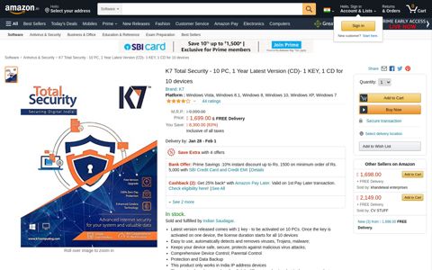 K7 Total Security - 10 PC, 1 Year Latest Version (CD)- 1 KEY ...