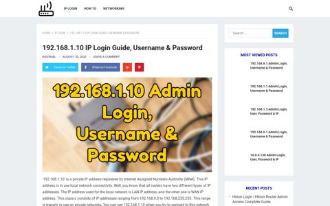 192.168.1.10 IP Login Guide, Username & Password - Router ...