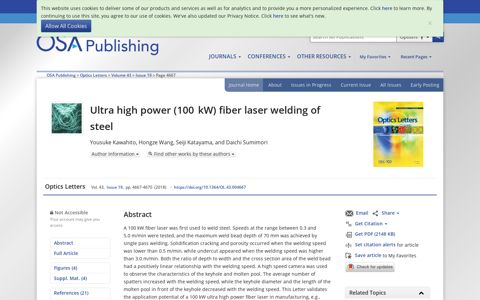 Ultra high power (100 kW) fiber laser welding of steel - OSA