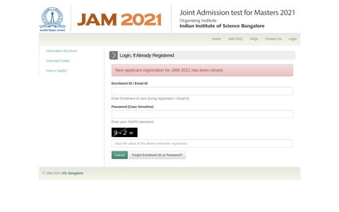 JAM 2021 :: Candidate Login - joaps - IISc