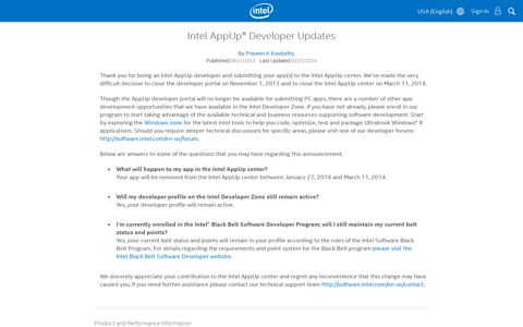 Intel AppUp® Developer Updates