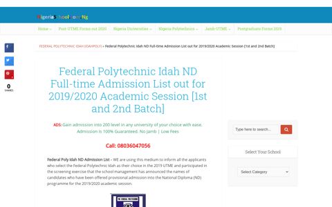 Federal Poly Idah Admission List 2019/2020 [ND Full-Time]