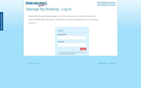 Park Holidays UK - Manage My Holiday Booking - Login Page