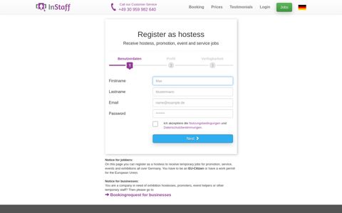 Register on InStaff as a hostess, promoter or jobber - InStaff