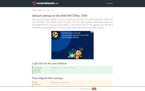 Default settings of the AVM FRITZ!Box 7390