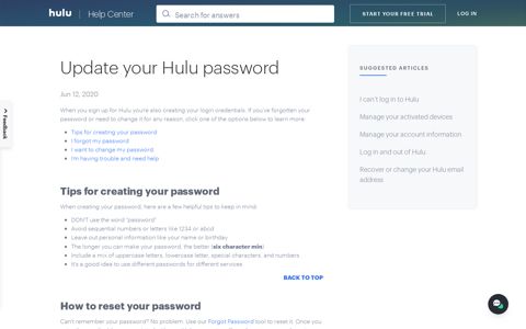 Forgot Hulu Password - Hulu Help